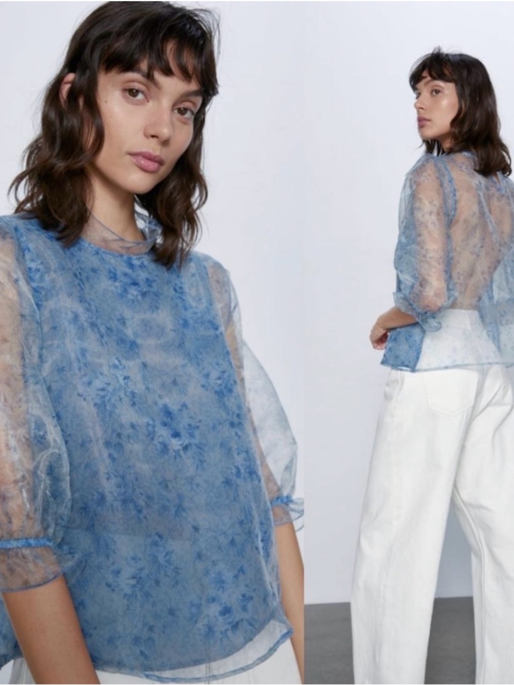Zara Printed Baby Blue Organza Blouse